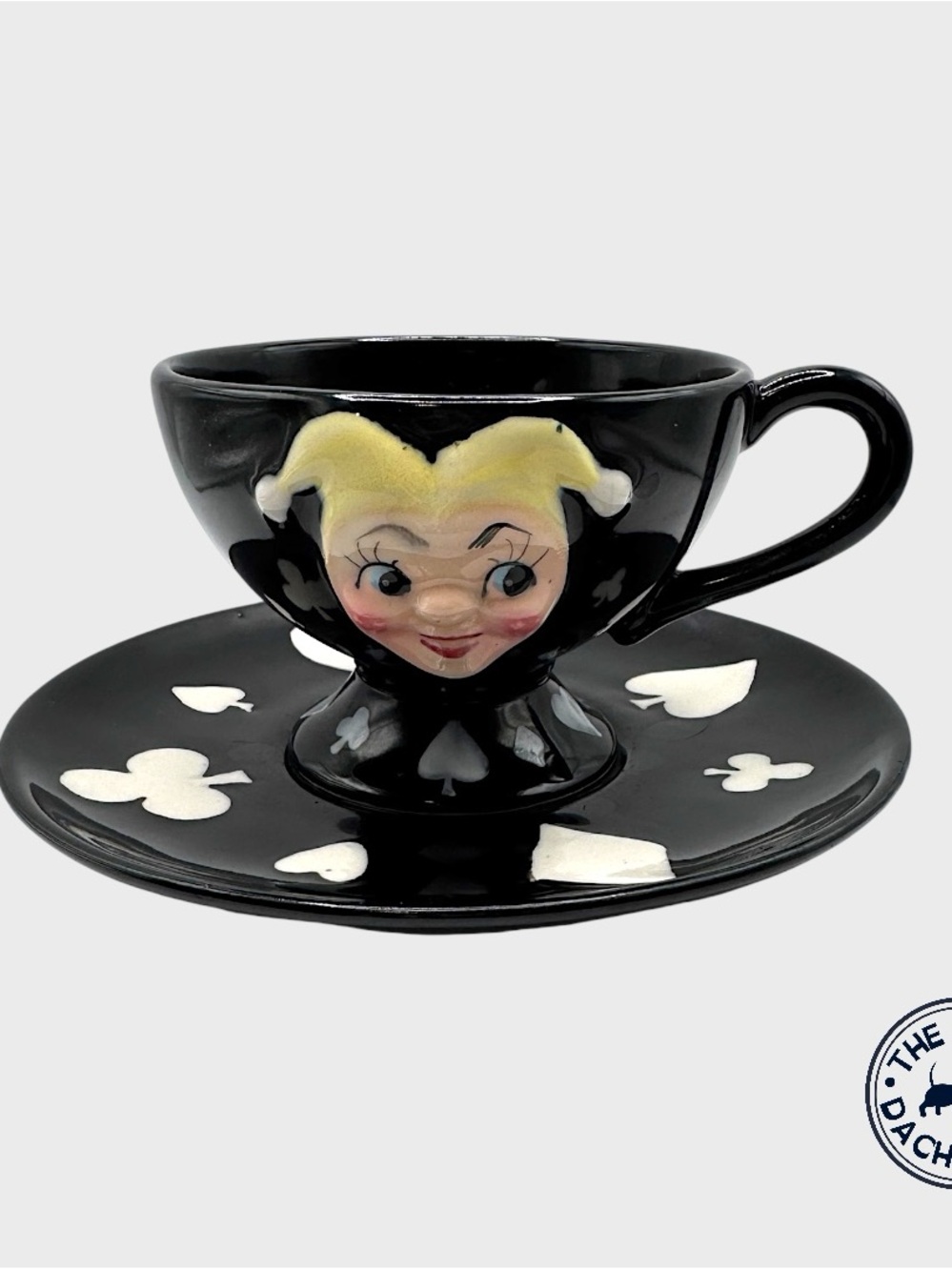 Vintage Kreiss  Black Ceramic Joker Face Teacup & Saucer - Playing Card Motif